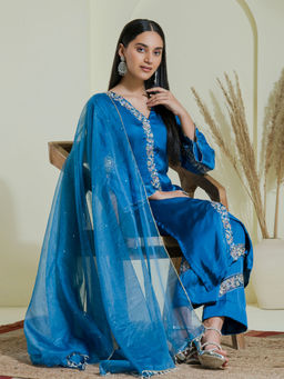 Maive - Cobalt Blue Hand Embroidered Kurta with Pant and Dupatta (Set of 3)