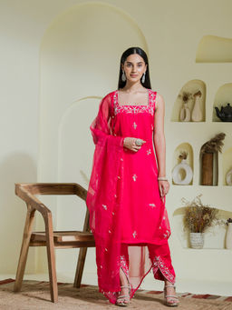 Maive - Ruby Pink Hand Embroidered Kurta with Dhoti and Dupatta (Set of 3)