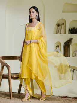 Maive - Sunshine Yellow Hand Embroidered Kurta with Dhoti and Dupatta (Set of 3)