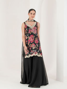 Maive - Black Floral Print Embroidered Sharara with Kurta and Dupatta (Set of 3)