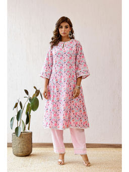 KURTISM - Pinza Pink Hakoba Kurta with Pant (Set of 2)