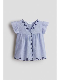 H&M - Girls Blue Embroidery-Detail Cotton Blouse
