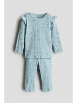 H&M - Girls Turquoise 2-Piece Ribbed Cotton Top and Leggings