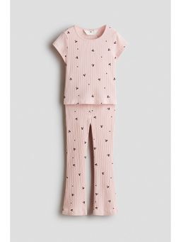 H&M - Girls Pink 2-Piece Ribbed Cotton T-Shirt and Trouser