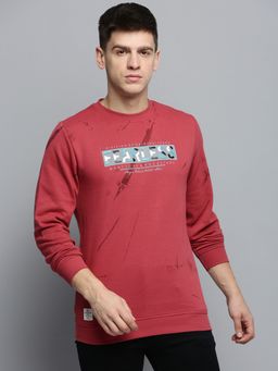 SHOWOFFFF - Mens Round Neck Printed Red Pullover Sweatshirt
