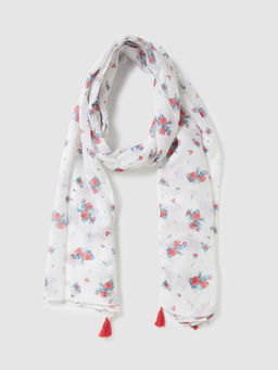 Globus - Women White Printed Scarf with Tasselled Border