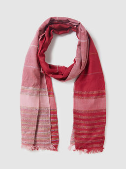 Globus - Women Red Striped Scarf with Frayed Border