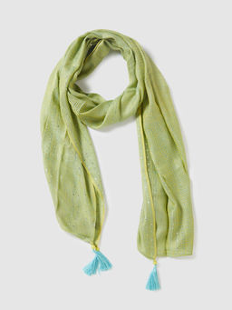 Globus - Women Green Self Design Scarf with Tasselled Border