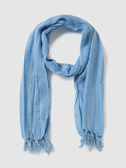 Globus - Women Blue Self Design Scarf with Tasselled Border