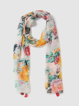Globus - Women White Printed Scarf with Tasselled Border