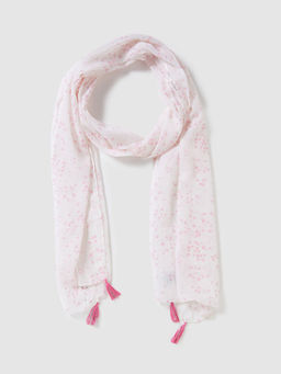 Globus - Women White Printed Scarf with Tasselled Border