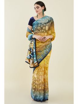 Soch - Mustard Georgette Saree Geometric and Abstract Brasso Designs with Unstitched Blouse