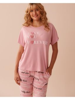 La Vie En Rose - Heart and Letter Print Recycled Fibers Crew Neck Loungewear T-Shirt