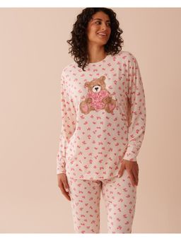 La Vie En Rose - Teddy Bear and Rose Print Super Soft Long Sleeve T-Shirt