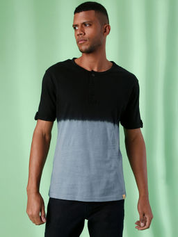 Campus Sutra - Men Tie-Dye Henley Neck Black T-Shirt