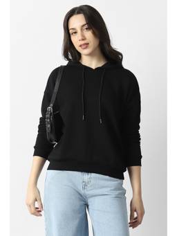 Van Heusen - Women Black Solid Hooded Neck Hoodie