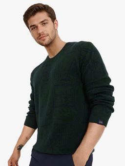 Rare Rabbit - Carrit Green Monogram Typography Regular Fit Sweater