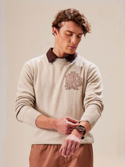 Rare Rabbit - Destin Beige Jacquard Regular Fit Sweater