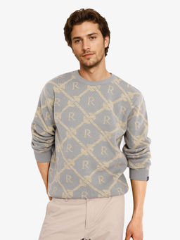 Rare Rabbit - Post Dusky Grey Monogram Print Regular Fit Sweater