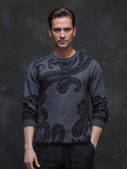 Rare Rabbit - Zuri Grey Jacquard Regular Fit Sweater