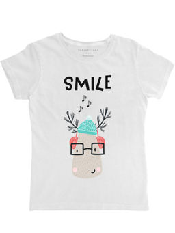 THREADCURRY - Smile with Reindeer Girls Creative Graphic Printed T-Shirt - White
