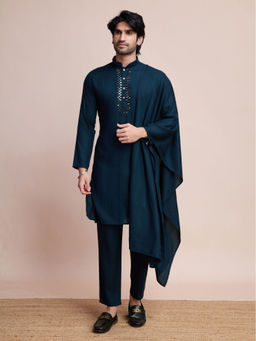 Odette - Dark Blue Viscose Rayon Mirror Work Stitched Kurta with Dupatta for Men (Set of 2)