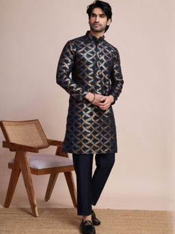 Odette - Navy Blue Silk Blend Embellished Stitched Kurta for Men