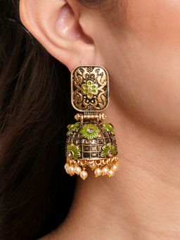 Karatcart - Antique Gold Plated Floral Light Green Studded Jhumki Earrings for Women