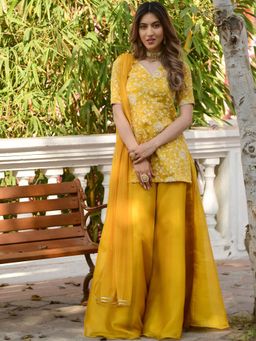 Lavanya The Label - Yellow Embroidered Kurta And Palazzo Set (Set of 3)