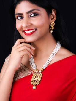 PANASH - Red Gold-Plated Beaded and Stone-Studded Floral Jewellery Set