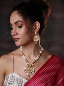 PANASH - White Gold-Plated Stone Studded and Beaded Jewellery Set