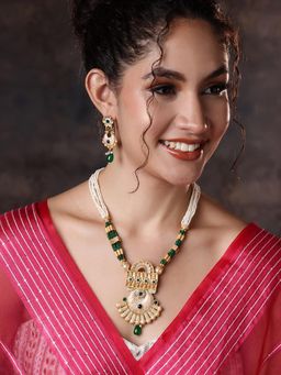 PANASH - Green Gold-Plated Stone Studded and Beaded Jewellery Set