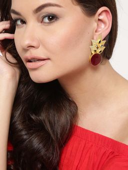 PANASH - Red Gold-Plated Stone-Studded Hand-Painted Drop Earrings