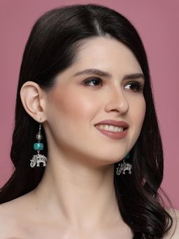PANASH - Turquoise Silver-Plated Elephant Shaped Oxidized Drop Earrings