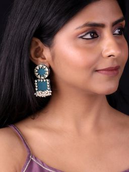 PANASH - Blue Gold-Plated Artificial Stones-Studded and Beaded Drop Earrings