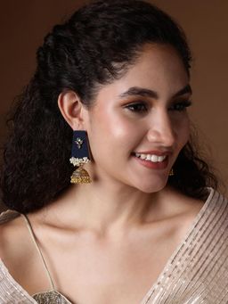 PANASH - Navy Gold-Plated Artificial Stones and Beads Studded Contemporary Jhumkas Earrings
