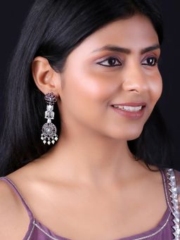 PANASH - Pink Silver-Plated Pink Stone Studded and Beaded Earrings