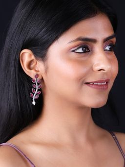 PANASH - Pink Silver-Plated Leaf Shaped Drop Earrings