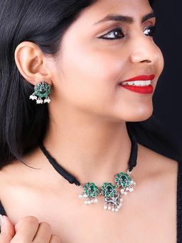PANASH - Green Silver-Plated Stone-Studded Oxidised Jewellery Set