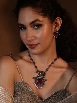 PANASH - Red Silver Plated Stones Studded and Beaded Jewellery Set