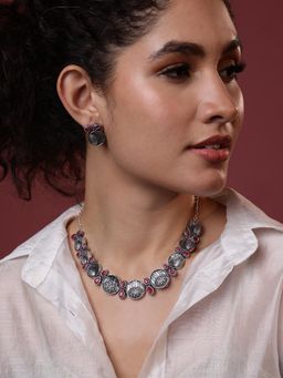 PANASH - Pink Silver-Plated Oxidized Stone Studded Jewellery Set