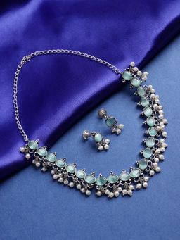 PANASH - Turquoise Silver Plated Stones Studded and Beaded Jewellery Set