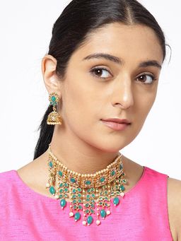 PANASH - Green Gold-Plated Stone-Studded Jewellery Set
