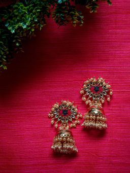PANASH - Green Gold-Plated Handcrafted Dome-Shaped Jhumkas