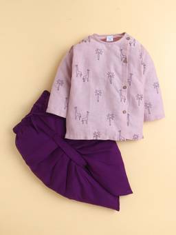 Polka Tots - Cotton Giraffe Embroidery Kurta With Dhoti -Purple