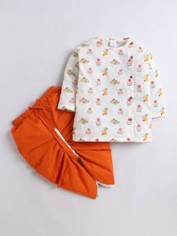 Polka Tots - Cotton Rabbit Print Kurta With Dhoti -White