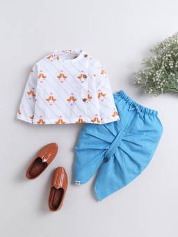 Polka Tots - Cotton Bird Print Kurta With Dhoti -White