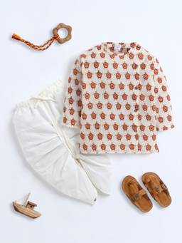 Polka Tots - Cotton Turtle Print Kurta With Dhoti -Rust
