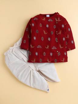 Polka Tots - Cotton Dinosaur Embroidery Kurta With Dhoti -Maroon