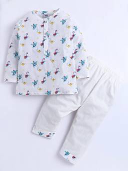 Polka Tots - Cotton Full Sleeve Monkey Print Nightwear Kurta and Pyjama -White